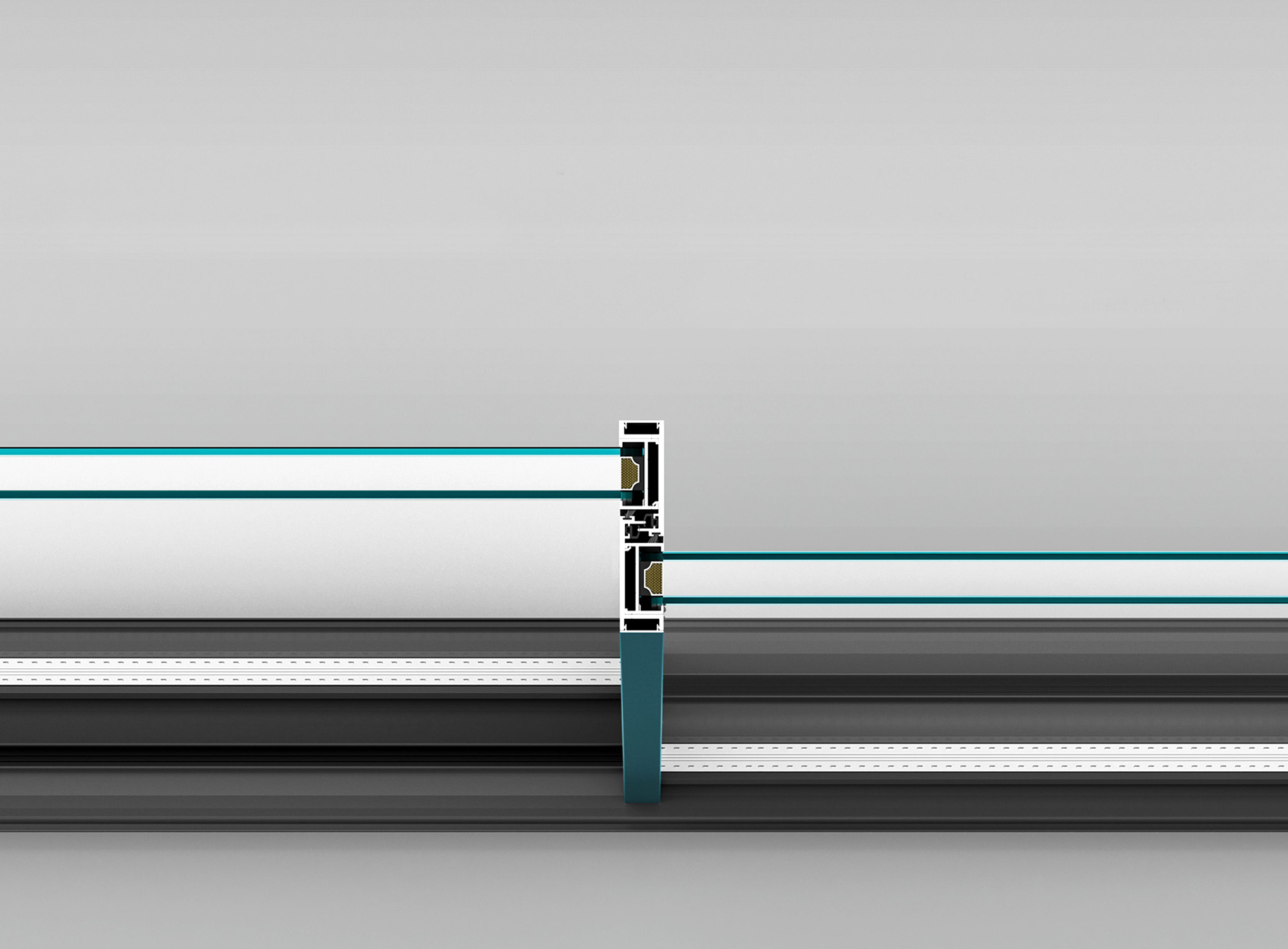 Minimalist patio door layout using sub floor concealed drainage and tracking